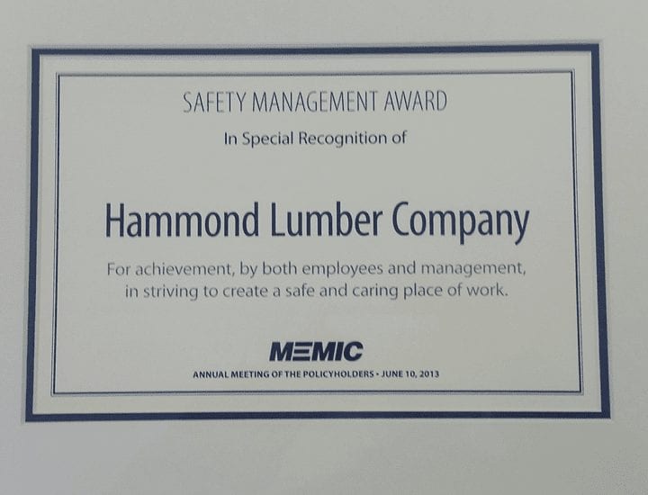 Hammond Lumber Company Safety M,management Award MEMIC 2013