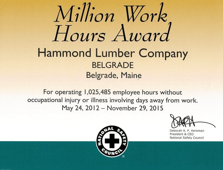 Million Work Hours Award 2012 Hammond Lumber National Safety Council