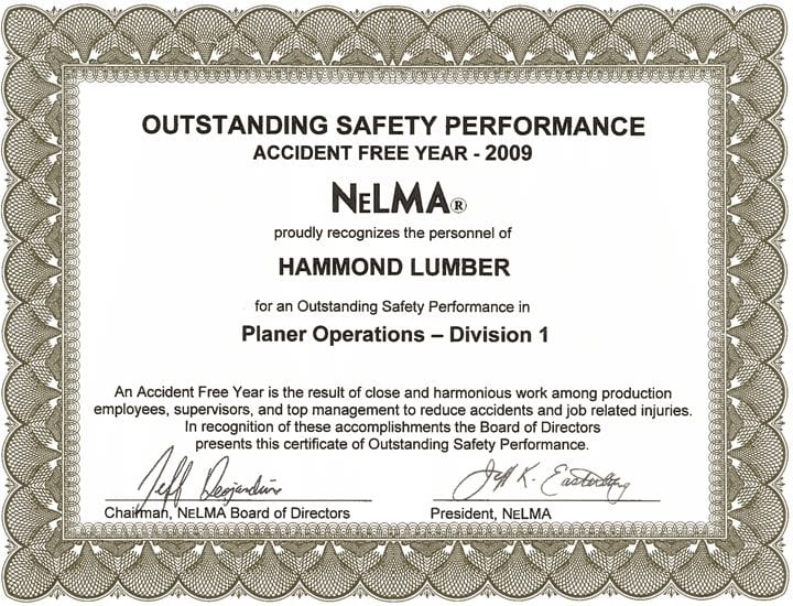 Outstanding Safety Performance 2009 Hammond Lumber Company NELMA