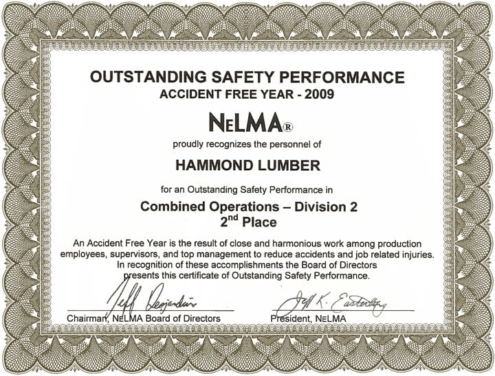 Outstanding Safety Performance 2009 Hammond Lumber