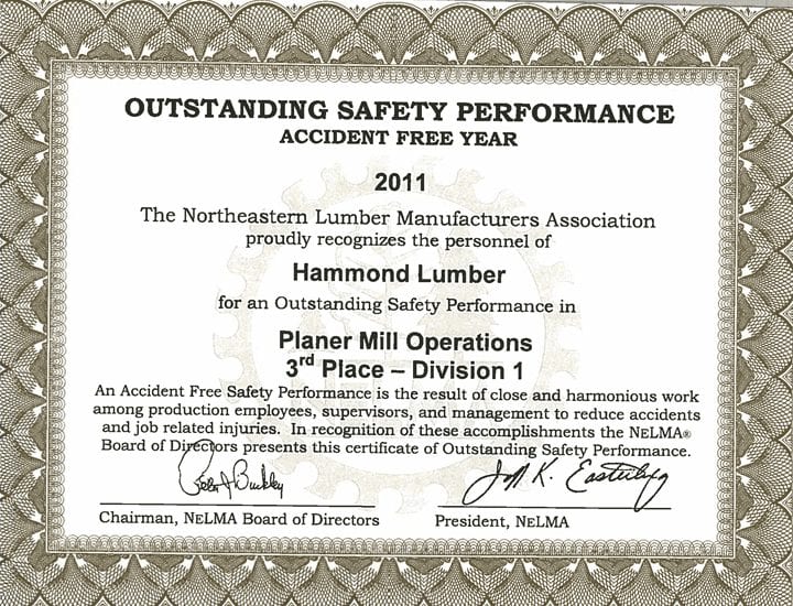 Outstanding Safety Performance 2011 Hammond Lumber