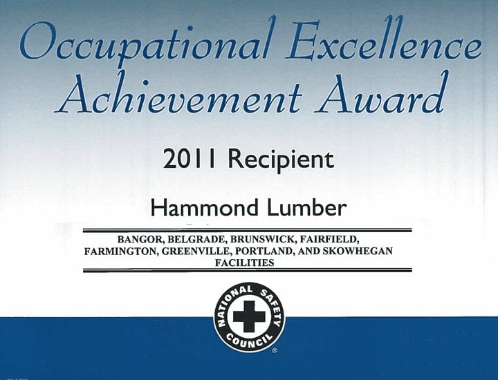 Occupational Excellence Achievement Award 2011 Hammond Lumber Company
