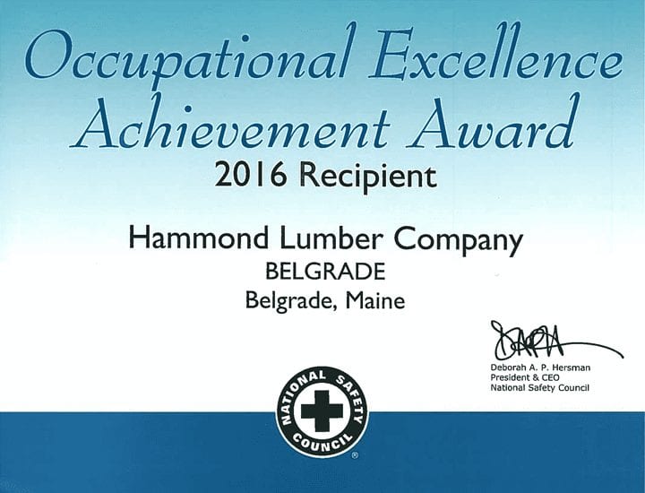 Occupational Excellence Achievement Award 2016 Hammond Lumber Company