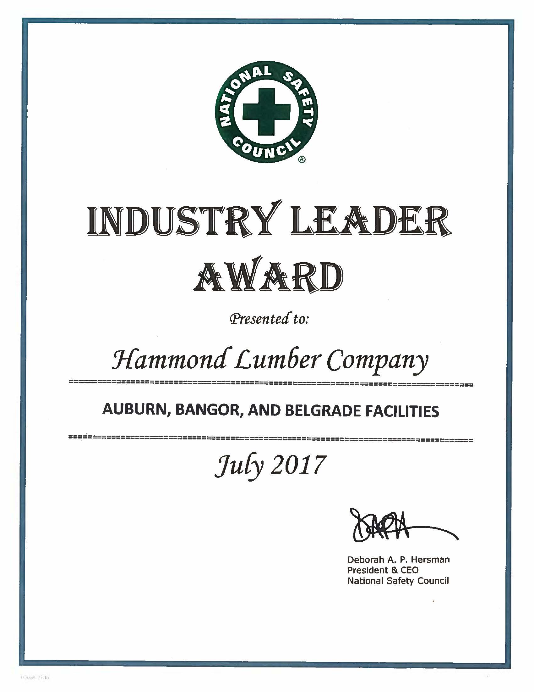 Industry Leader Award 2017 National Safety Council Hammond Lumber Company