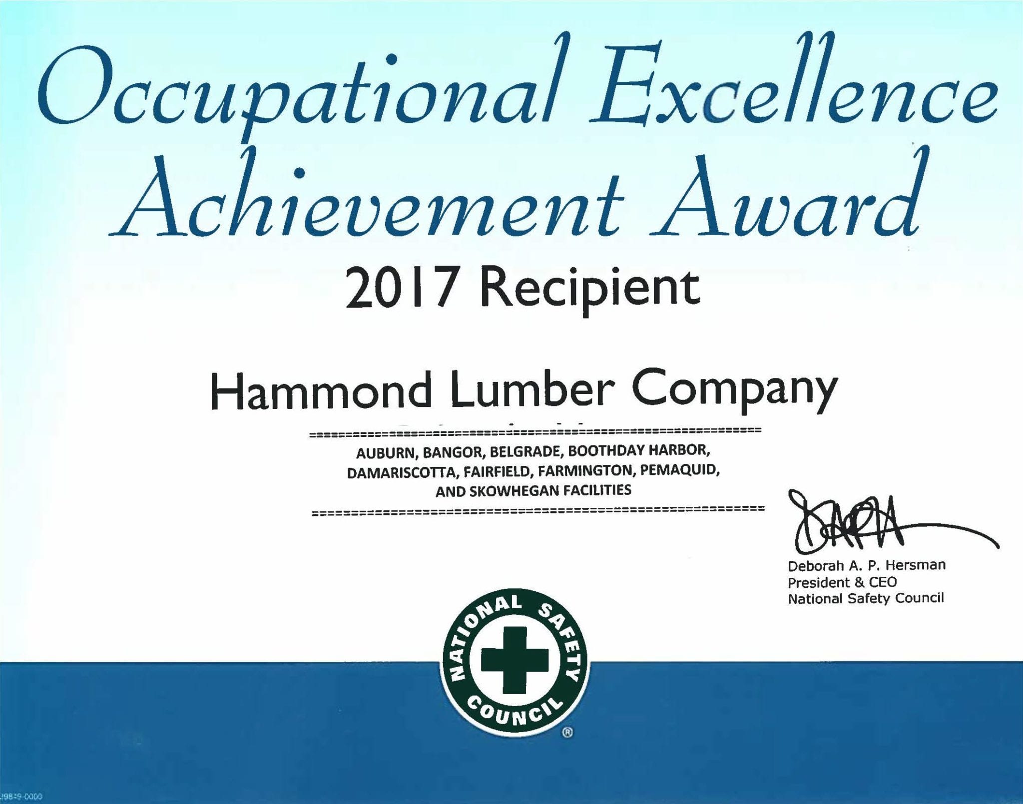 Occupational Excellence Achievement Award 2017 Hammond Lumber Company