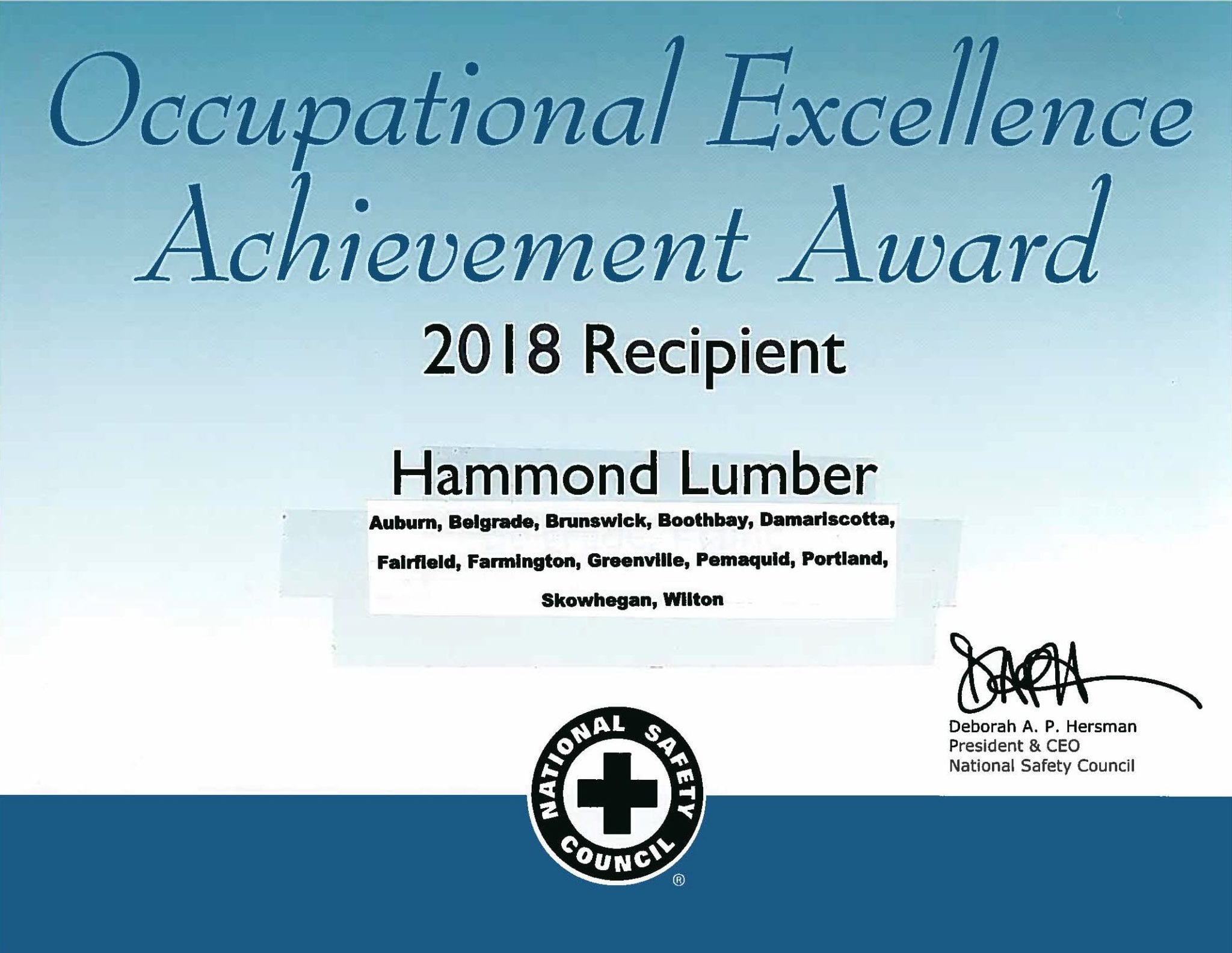 Occupational Excellence Achievement Award 2018 Hammond Lumber Company