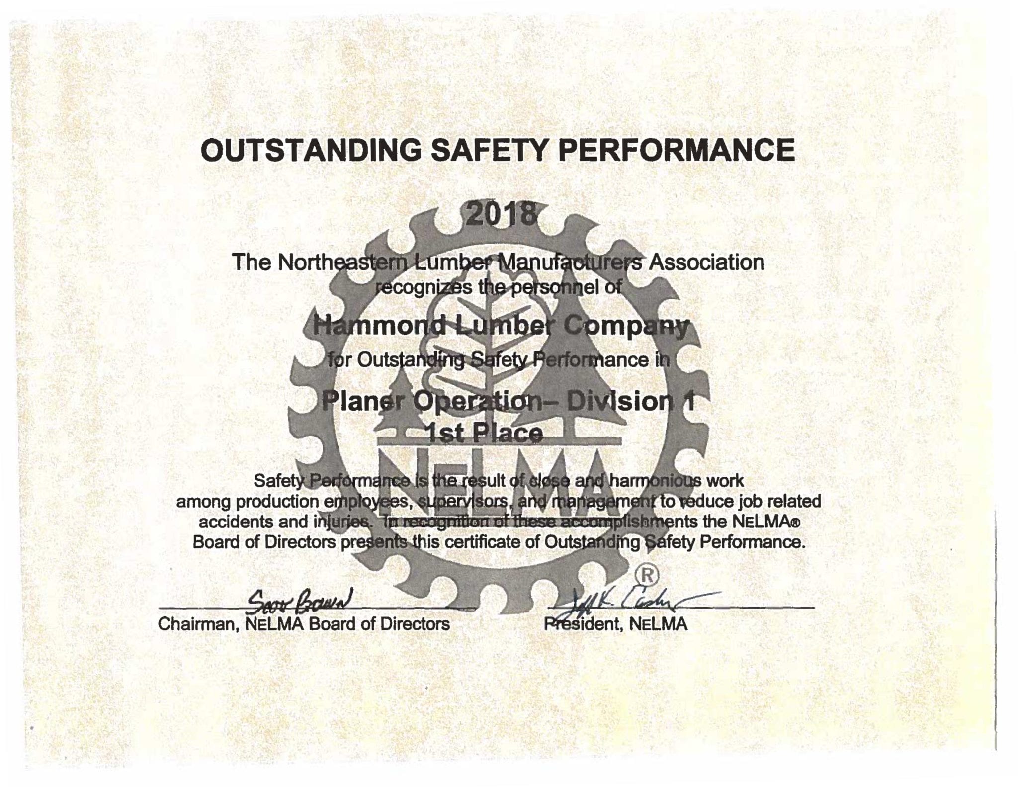 Planer Mill Award Certificate